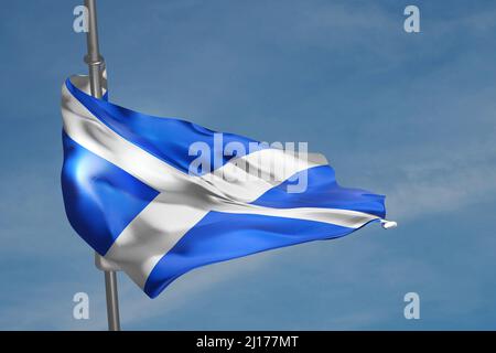 Flagge Schottlands. Schottische Flagge Saltyre winkt auf blauem Himmel Hintergrund. 3D Darstellung rendern. Stockfoto