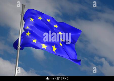 Flagge der Europäischen Union winkt im Wind auf blauem Himmel Hintergrund. 3D Darstellung rendern. Stockfoto