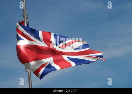 Union Jack. Britische Flagge winkt auf blauem Himmel Hintergrund. 3D Darstellung rendern. Stockfoto