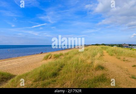 Sanddünen, die zum Ufer und Fußweg am North Beach Heacham führen, einem Küstendorf im Westen von Norfolk, England, mit Blick auf die Wash Stockfoto