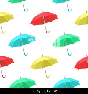 Farbenfrohe mehrfarbige Regenschirme mit nahtlosem Muster. Rot gelb blau grün Regenschirme Hintergrund. Modellvorlage für Stoff, Papier und Designvektor illus Stock Vektor
