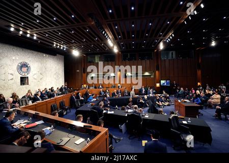 Washington, Usa. 23. März 2022. Richterin Ketanji Brown Jackson bezeugt am dritten Tag ihrer Anhörung zur Nominierung des Senats als Associate Justice des Obersten Gerichtshofs der Vereinigten Staaten am 23. März 2022 auf dem Capitol Hill in Washington. Foto von Yuri Gripas/ABACAPRESS.COM Quelle: Abaca Press/Alamy Live News Stockfoto