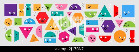Vektor-Set von mehrfarbigen geometrischen Formen. Lustige komische niedliche Charaktere und Kritzeleien. Cartoon Hintergrund, Design Stock Vektor