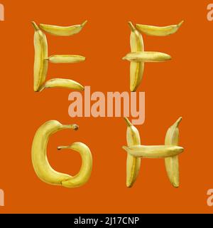 3D Darstellung der Bananenfrucht-Großbuchstaben Alphabet - Buchstaben E-H Stockfoto