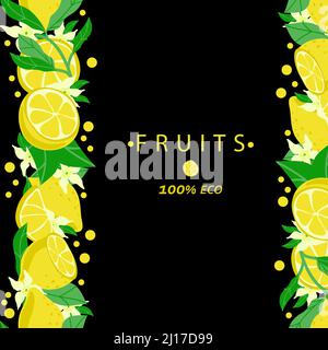 Banner mit Zitronen, Blättern und Blumen. Tolles Design für Zitruswerbung, Geschäft für Lebensmittelgeschäfte. Handgezeichnete Elemente in flachem Stil Stock Vektor