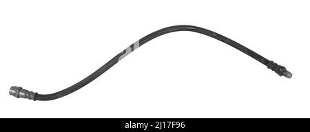 Gebrauchter Bremsschlauch Nahaufnahme auf weißem, isoliertem Hintergrund in einem Fotostudio - Hochdruckmanschette und zwei Metallspitzen zum Anschluss an die Zylinder. R Stockfoto