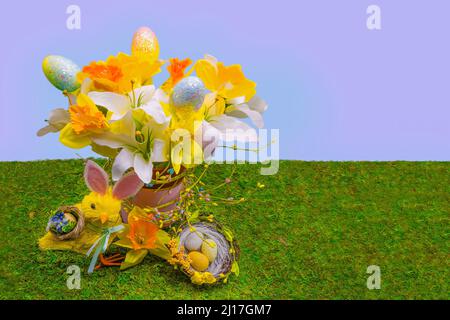 Ostern und Scpring Dekoration in diesem Stillleben Bild mit Kopierraum und Hintergründe. Stockfoto