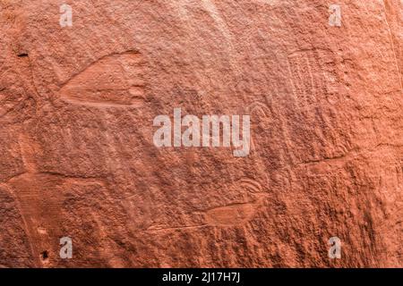 Felszeichnungen, die in einer Sandsteinwand in einer Puebloan-Ruine der Vorfahren in Mule Canyon auf Cedar Mesa in der Shash Jaa Unit of the Bears Ears N gemeißelt wurden Stockfoto