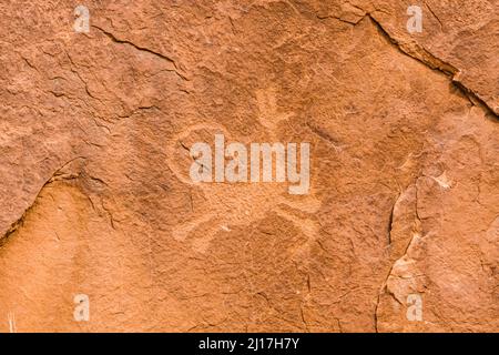 Das Moab man Panel ist ein großes Fremont Culture Rock Art Panel der Ureinwohner Amerikas im Mill Creek Canyon in der Nähe von Moab, Utah. Diese Petroglyphen sind 800 bis 100 Stockfoto