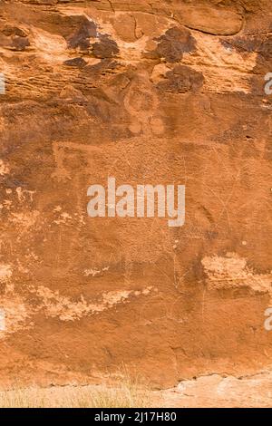 Das Moab man Panel ist ein großes Fremont Culture Rock Art Panel der Ureinwohner Amerikas im Mill Creek Canyon in der Nähe von Moab, Utah. Diese Petroglyphen sind 800 bis 100 Stockfoto