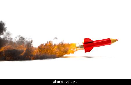 Bleistift in Form einer Rakete, die in die Flucht geht. Kreativitätskonzept. 3D Rendern Stockfoto