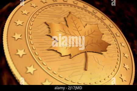 Maple Leaf kanadische Goldmünze auf grünem Bildschirmhintergrund. Abstract Concept 3D Illustration. Stockfoto