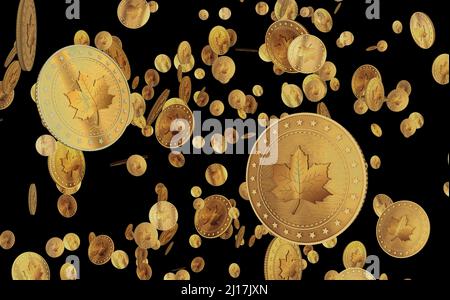 Maple Leaf kanadische Goldmünze auf grünem Bildschirmhintergrund. Abstract Concept 3D Illustration. Stockfoto