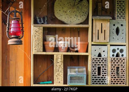 Regal mit Insektenhotel und Gartengeräten Stockfoto