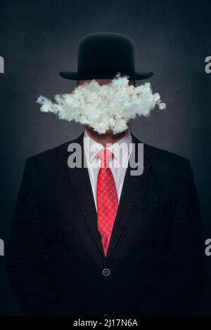 Wolkenbedecktes Gesicht eines Mannes mit Hut vor schwarzem Hintergrund Stockfoto