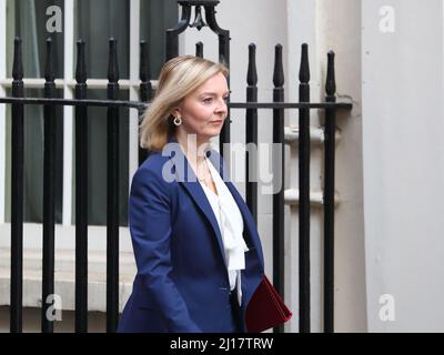 London, Großbritannien. 23. März 2022. Außenministerin Liz Truss kommt in der Downing Street Nr. 10 zur wöchentlichen Kabinettssitzung vor dem Budget an. Quelle: Uwe Deffner/Alamy Live News Stockfoto