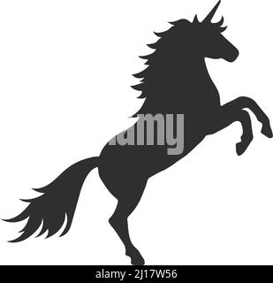 Legendäres mythisches Pferd. Aufgezogen Einhorn schwarze Silhouette Stock Vektor