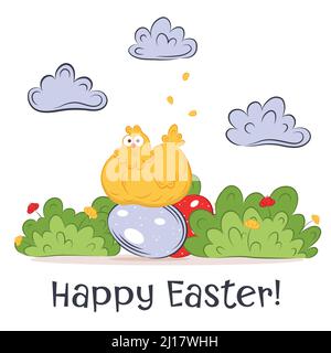 Frohe Ostern Banner, Poster, Grußkarte. Trendiges Osterdesign mit Typografie, Huhn, Blumen, Eiern in Pastellfarben. Moderner, minimalistischer Stil Stock Vektor