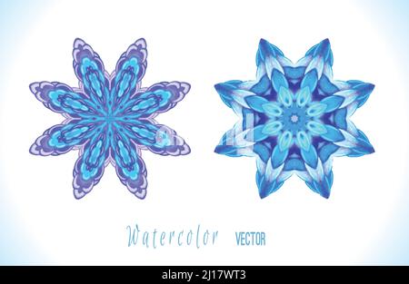 Set von Schneeflocken, Fraktale oder Mandalas ideal für Weihnachten oder ethnische Verwendung. Handgezeichnete Aquarelldarstellung. Bunte Vektor Schneeflocke isoliert auf w Stock Vektor