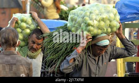 Jammu, das von Indien kontrollierte Kaschmir. 23. März 2022. Die Händler führen Gemüse auf einem Gemüse- und Obstgroßmarkt in Jammu, der Winterhauptstadt des von Indien kontrollierten Kaschmir, am 23. März 2022. Quelle: Str/Xinhua/Alamy Live News Stockfoto