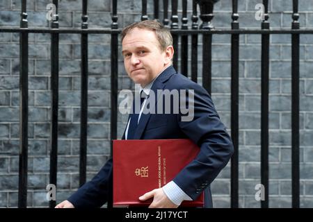 London, Großbritannien. 23. März 2022. George Eustice Secretary of State for Environment, Food and rural Affairs arrives in Downing Street Credit: MARTIN DALTON/Alamy Live News Stockfoto