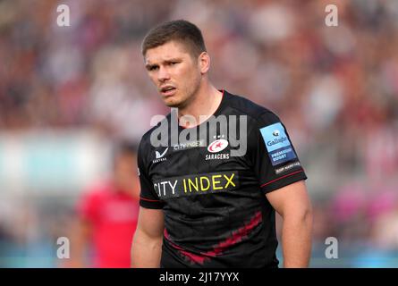 Aktenfoto vom 09-10-2021 von Saracens Owen Farrell. Saracens sind hoffnungsvoll, dass England-Kapitän Owen Farrell von seiner langen Verletzungsabsenz zurückkehren wird, um im Gallagher Premiership-Spiel mit Bristol am Samstag zu sehen. Ausgabedatum: Mittwoch, 23. März 2022. Stockfoto