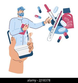 Online-Arztberatung oder Apothekengeschäft Konzept, Telemedizin Online-Gesundheitsversorgung medizinische Dienstleistungen, flache Cartoon-Vektor Illustration isoliert auf einem Stock Vektor