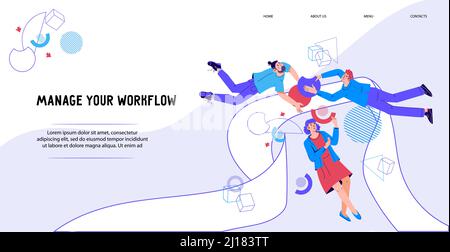 Business Workflow Management Konzept der Website mit Business People Interaktion mit Grafiken und Diagrammen. Webbanner für Projektmanagement und Workf Stock Vektor