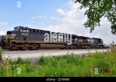 BENSENVILLE, Illinois, USA. Norfolk Southern Railway-Lokomotiven führen einen Güterzug der Canadian Pacific Railway in einen Güterbahnhof. Stockfoto