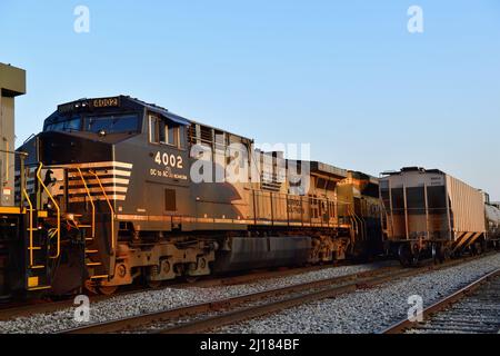 BENSENVILLE, Illinois, USA. Drei Lokomotiven, darunter eine Norfolk Southern Railway Einheit. Fahren Sie einen Güterzug der Canadian Pacific Railway in Richtung einer Werft. Stockfoto