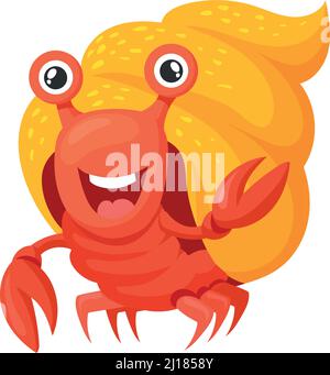 Einsiedlerkrebs. Fröhliche Zeichentrickfigur. Meeresfauna Maskottchen isoliert auf weißem Hintergrund Stock Vektor