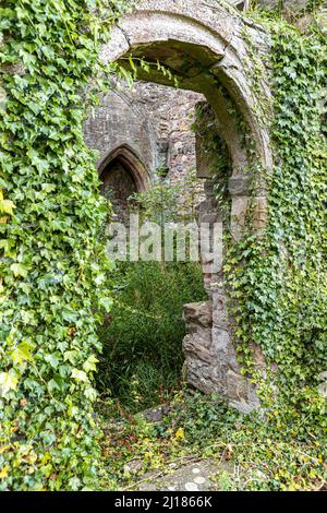 Ein Eingang in die Ruinen der Balmerino Abbey (oder St. Edwards Abbey), einem Zisterzienserkloster aus dem 13.. Jahrhundert in Balmerino, Fife, Schottland, Großbritannien Stockfoto