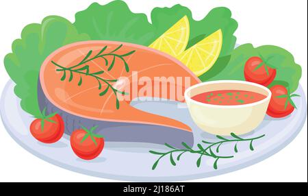 Lachs-Steak-Teller mit Gewürzen und Sauce im Cartoon-Stil isoliert auf weißem Hintergrund Stock Vektor