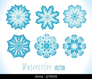 Set von Schneeflocken, Fraktale oder Mandalas ideal für weihnachten oder ethnische Verwendung. Handgezeichnete Aquarelldarstellung. Bunte Vektor Schneeflocke isoliert auf w Stock Vektor