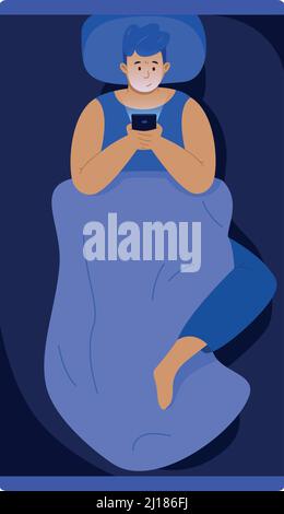Mann liegt im Bett und plaudert am Telefon. Smartphone für die Nacht mit isoliertem weißem Hintergrund Stock Vektor