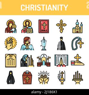 Christianity Farbe Linie Symbole gesetzt. Zeichen für Webseite, mobile App, Schaltfläche. Bearbeitbare Kontur. Stock Vektor