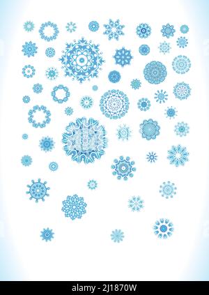 Schneeflocken Weihnachten Symbole. Blaue Schneeflocken, Fraktale oder Mandala. Stock Vektor