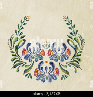 Illustration im Volksstil. Schöne Vektor-Rahmen mit Blumen im Vintage-Stil. Holzhintergrund. Vektor floralen Hintergrund. Stock Vektor