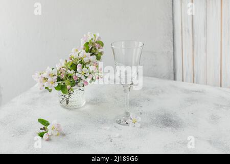 Zweige mit weißen Apfelblüten in transparentem Glas auf grauem Hintergrund. Stillleben, Ostern Grußkarte Stockfoto