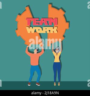 Junge und Mädchen mit einem Stück Ausrüstung Teamwork Concept Vector Stock Vektor