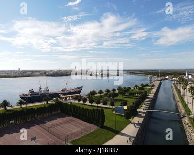 Drohnenansicht Barra Beach, Aveiro, Portugal, Europa Stockfoto