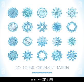 Schneeflocken Weihnachten Symbole. Blaue Schneeflocken, Fraktale oder Mandala. Stock Vektor