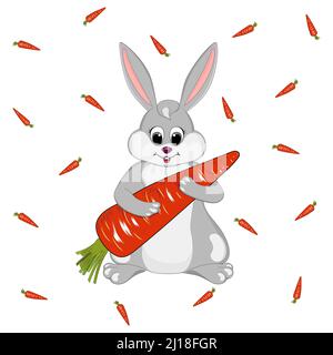 Osterhase mit einer großen Karotte, Vektorgrafik. Stock Vektor