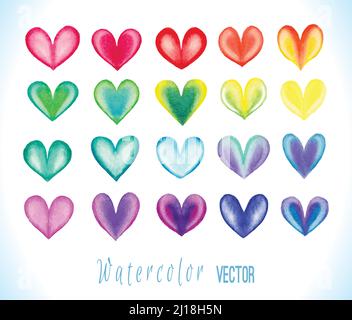 Bunte Aquarell Herzen auf weißem Hintergrund isoliert. Vektorgrafik. Elemente für Ihr Design. Stock Vektor