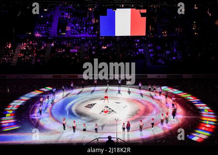 Montpellier, Frankreich. 23.. März 2022. Eröffnungszeremonie bei den ISU Eiskunstlauf-Weltmeisterschaften 2022 in der Sud de France Arena, am 23. März 2022 in Montpellier Oczitanien, Frankreich. Quelle: Raniero Corbelletti/AFLO/Alamy Live News Stockfoto