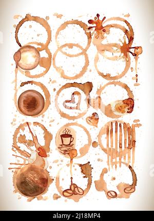 Kaffee malen Flecken, Spritzer und Hirsche auf weißem Hintergrund. Kaffee Tasse markiert. Stock Vektor