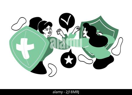 Menschen mit Schutzschilden. Zwei Mädchen mit Schilden schütteln sich die Hände. Symbol der Begrüßung der alten Ritter, Sicherheit und Schutz. Medi Stock Vektor