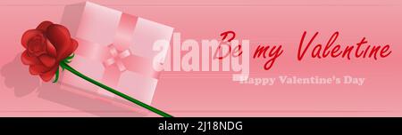 Vektorgrafik „Be my valentine“ für Poster, Grußkarten, Broschüren, Website-Design und Banner. Das Design zeigt Rosen und Geschenke. Stock Vektor
