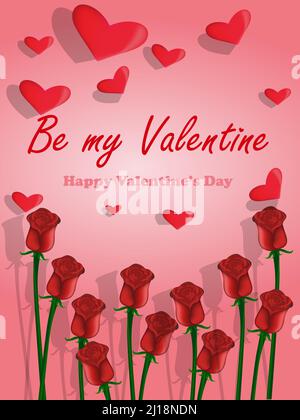 Vektorgrafik „Be my valentine“ für Poster, Grußkarten, Broschüren, Website-Design und Banner. Das Design verfügt über Rosen, Herzen und Geschenk Stock Vektor