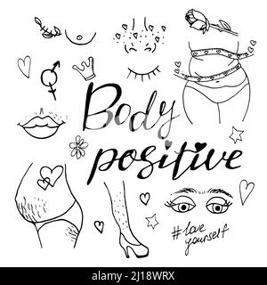 Frauenlippen mit Schnurrbart im Doodle-Stil. Vektorgrafik. Body-positive-Konzept Stock Vektor